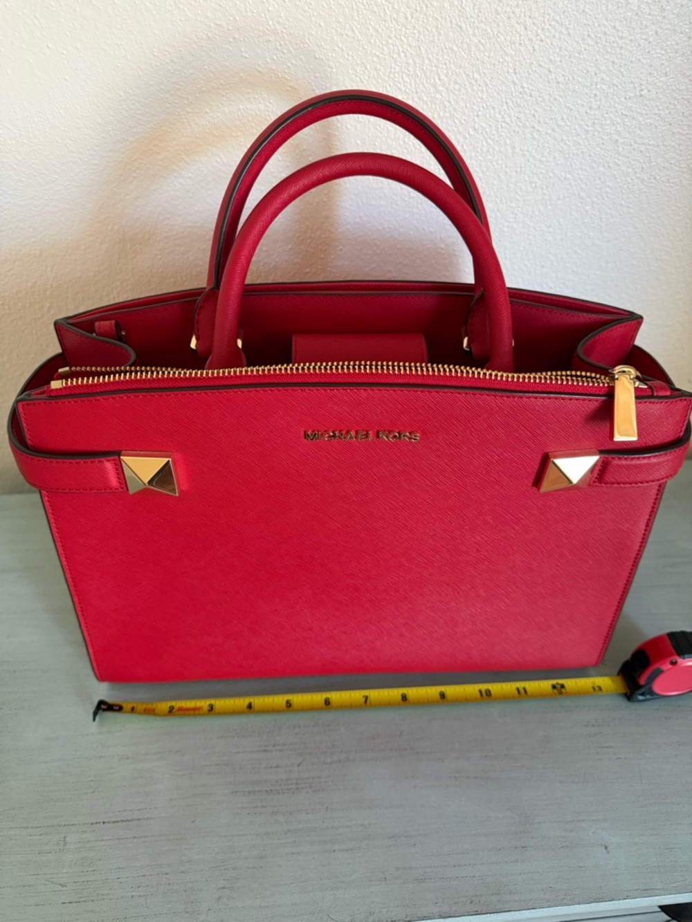 Michael Kors Red Saffiano Satchel with Gold Hardware